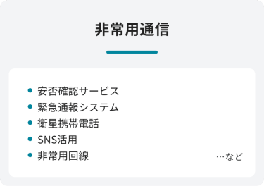 非常用通信　・安否確認サービス　・緊急通報システム　・衛星携帯電話　・SNS活用　・非常用回線　…など