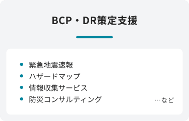 BCP・DR策定支援　・緊急地震速報　・ハザードマップ　・情報収集サービス　・防災コンサルティング　…など
