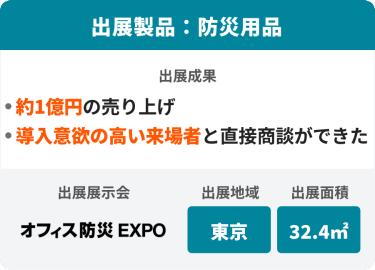 出展製品：防災用品　出展成果：・約1億円の売り上げ・導入意欲の高い来場者と直接商談ができた