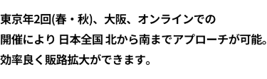 東京年2回（春・秋）・名古屋・大阪・オンラインでの開催により、日本全国 北から南までアプローチが可能。効率良く販路拡大ができます。