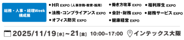 本展を構成する9展：働き方改革EXPO、HR EXPO（人事労務・教育・採用）、福利厚生EXPO、会計・財務EXPO、法務・コンプライアンスEXPO、オフィス防災EXPO、総務サービスEXPO、ワークプレイス改革EXPO