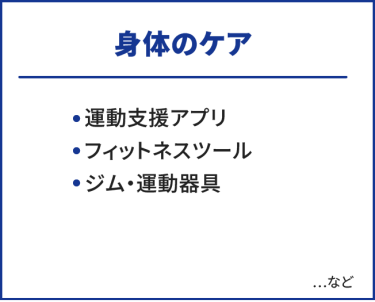 身体のケア　・運動支援アプリ・フィットネスツール・ジム・運動器具　…など
