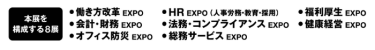 本展を構成する8展：働き方改革EXPO、HR EXPO（人事労務・教育・採用）、福利厚生EXPO、会計・財務EXPO、法務・コンプライアンスEXPO、PR EXPO、オフィス防災EXPO、総務サービスEXPO