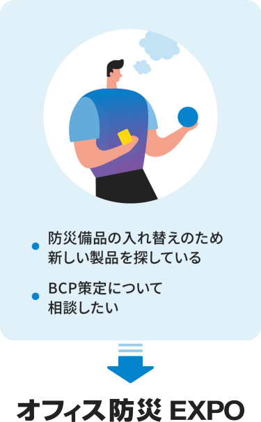 ・防災用品の入れ替えのため新しい製品を探している　・BCP策定について相談したい　→オフィス防災EXPO