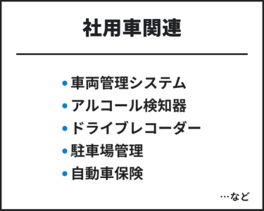 社用車関連　・車両管理システム・アルコール検知器・ドライブレコーダー・駐車場管理・自動車保険　…など