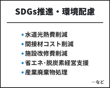 SDGs推進・環境配慮　・水道光熱費削減・関節材コスト削減・施設改修費削減・省エネ・脱炭素経営支援・産業廃棄物処理　…など