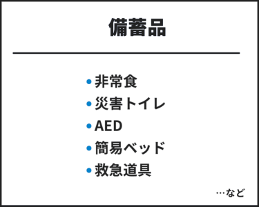 備蓄品　・非常食・災害トイレ・AED・簡易ベッド・救急道具　…など