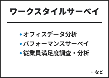 ワークスタイルサーベイ　・オフィスデータ分析・パフォーマンスサーベイ・従業員満足度調査・分析　…など
