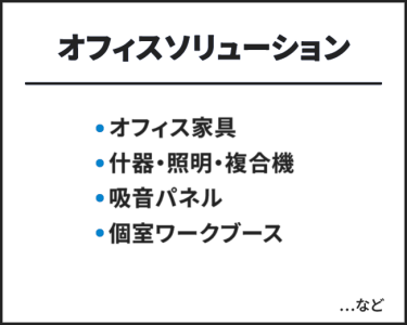 オフィスソリューション　・オフィス家具・什器・照明・複合機・吸音パネル・個室ワークブース　…など