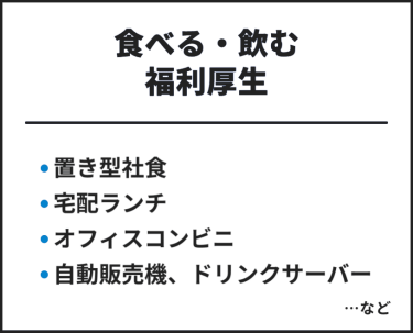 食べる・飲む福利厚生　・置き型社食・宅配ランチ・オフィスコンビニ・自動販売機・ドリンクサーバー　…など