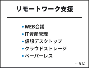 リモートワーク支援　・WEB会議・IT資産管理・仮想デスクトップ・クラウドストレージ・ペーパーレス　…など