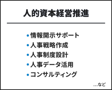 人的資本経営推進　・情報開示サポート・人事戦略作成・人事制度設計・人事データ活用・コンサルティング　…など