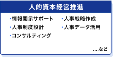 人的資本経営推進　・情報開示サポート・人事戦略作成・人事制度設計・人事データ活用・コンサルティング　…など