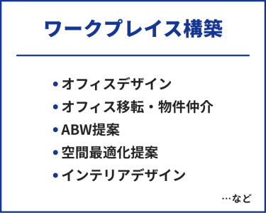 ワークプレイス構築　・オフィスデザイン・オフィス移転・物件仲介・ABW提案・空間最適化提案・インテリアデザイン　…など