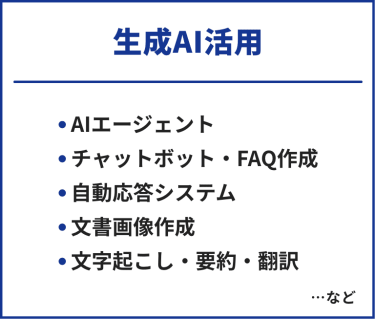 生成AI活用　・AIエージェント・チャットボット・FAQ作成・自動応答システム・文書画像作成・文字起こし・要約・翻訳　…など
